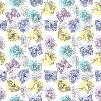 Seamless botanical pattern with butterflies, tropical leaves, and hibiscus flowers in doodle technique vector