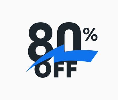 80 percent off discount banner, Eighty percent sale label. Number with spark ribbon, advertising promo poster. Special offer sign, black Friday bonus price. Discount coupon, vector illustration.