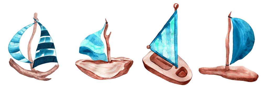 Watercolor collection of cute wooden sailboats png