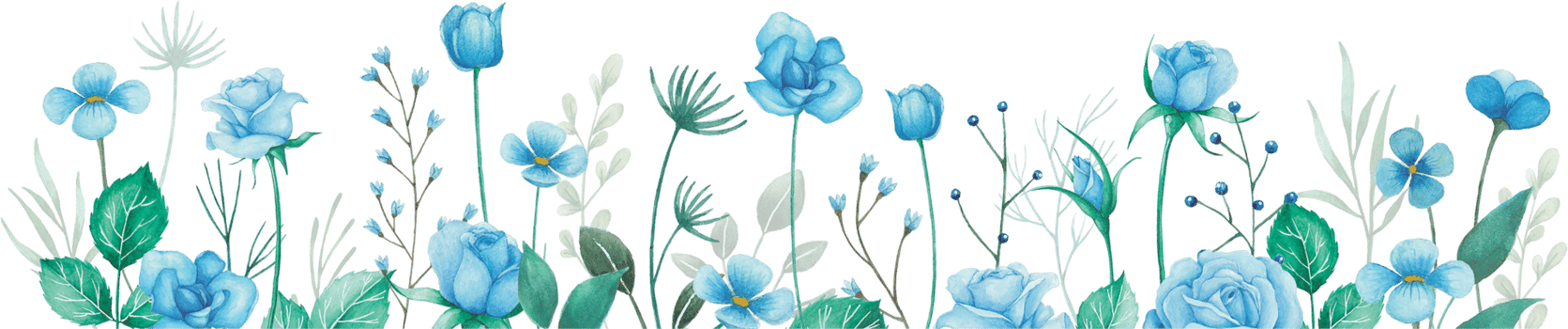 Watercolor Flowers Border Arrangement with Blue Roses and Green Leaves Illustration png