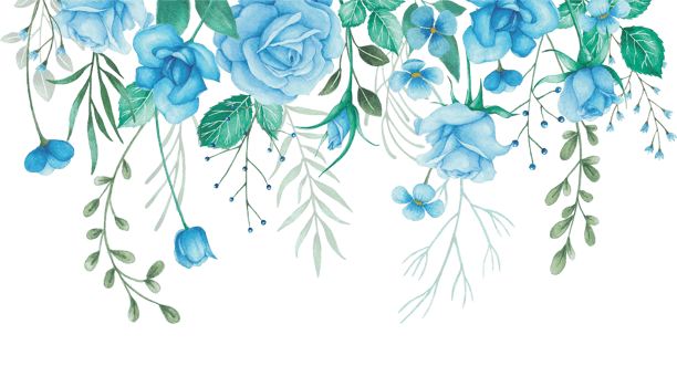 Watercolor Flowers Border Arrangement with Blue Roses and Green Leaves Illustration png