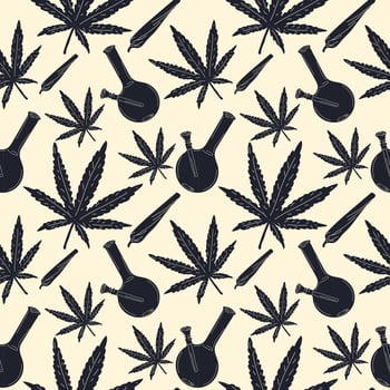 Medical Marijuana, smoking accessories. Glass bong for smoking weed, joint. Hemp leaves, oil. Cannabis and weed legalization concept. Hand drawn trendy Vector illustration.