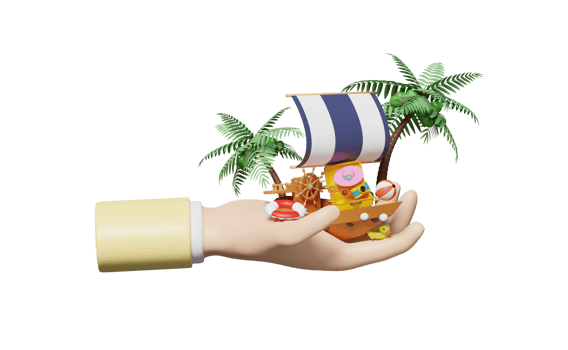 3d hands holding sailing boat with helm, suitcase, palm tree png