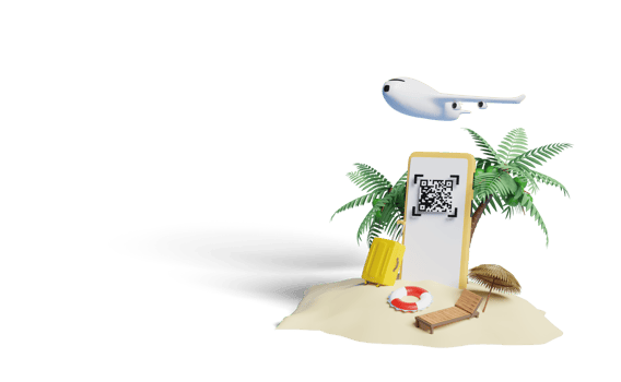 3d smartphone with lifebuoy, palms tree, qr code scanning png
