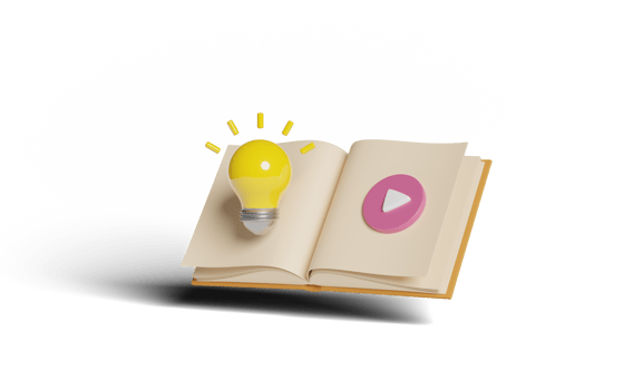 3d yellow light bulb with open book, play button isolated png