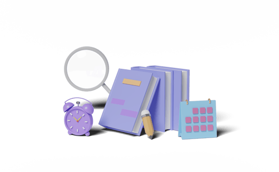 3d Textbook, book with magnifying glass, calendar, clock png