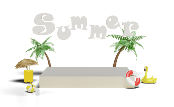 3d podium with palms tree, suitcase, inflatable flamingo png