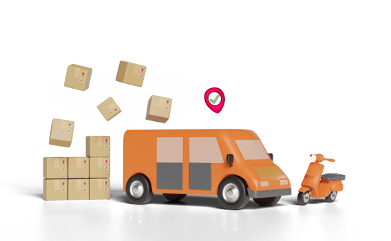 3d orange truck, delivery van with scooter, packaging, png