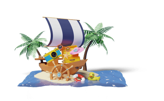 3d sailing boat with helm, suitcase, palm tree, lifebuoy png