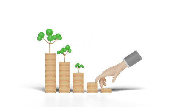3d businessman hands with tree, pile stacked coin, graph png