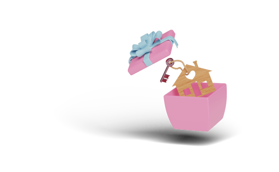 3d house with key in pink gift box, red heart isolated png