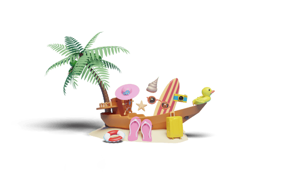 3d boat with helm, suitcase, palm tree, lifebuoy isolated png