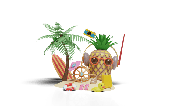 3d summer travel with pineapple, helm, surfboard, palm tree png