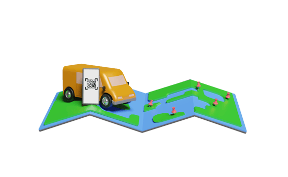 3d delivery van with smartphone, map, pins, qr code scanning png
