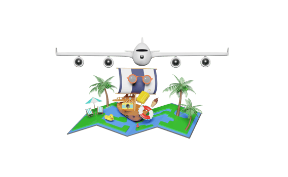3d summer travel with ship, plane, map, pin png