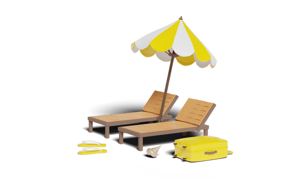 3d summer travel with yellow suitcase, beach chair, umbrella png