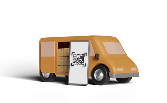 3d delivery van with smartphone, qr code scanning isolated png