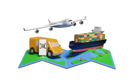 3d delivery van with ship, plane, smartphone, map png