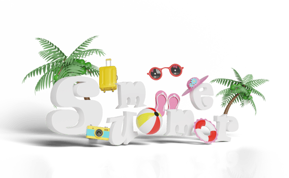 3d summer travel with lifebuoy, ball, palm tree, sandals png