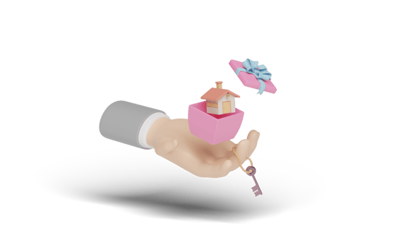 3d hands holding house with key in pink gift box isolated png