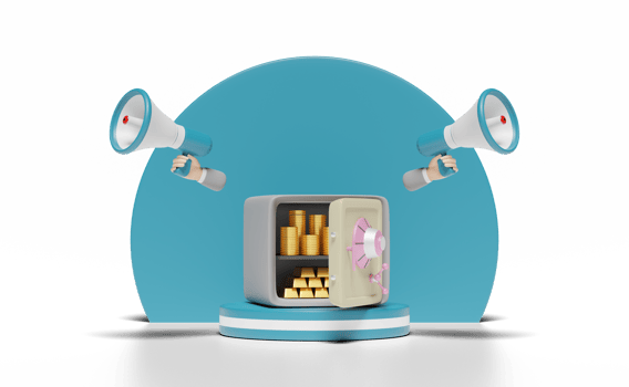 3d open safe box with  businessman hand hold megaphone, coin png