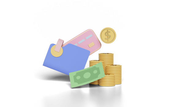 3d stacked dollar coin with wallet, banknotes, credit card png