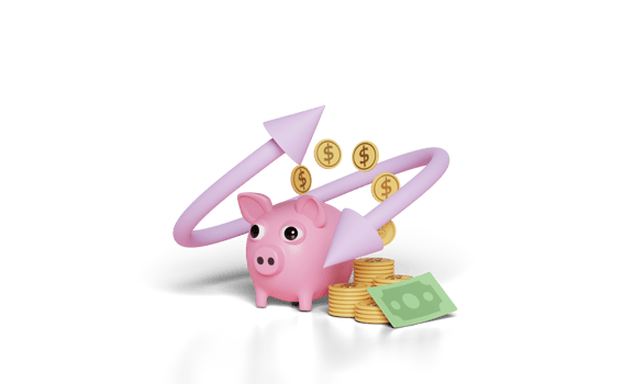 3d piggy bank with banknote, stacked coin money png