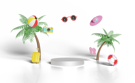 shopping summer sale 3d podium with palms tree, suitcase png