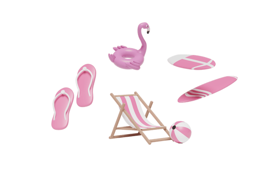 3d travel summer sea with beach chair, Inflatable flamingo png