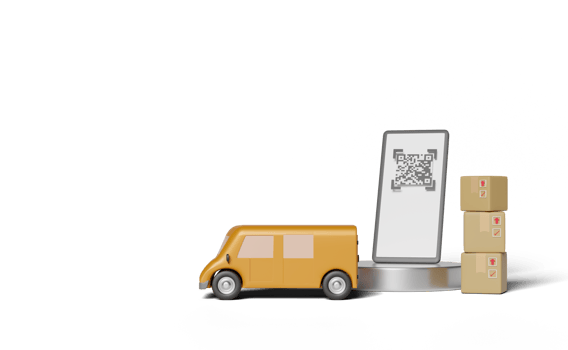 3d orange truck, delivery van with smartphone, qr code scan png