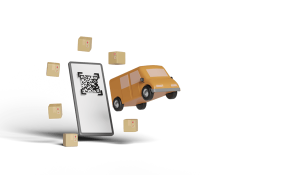3d orange truck, delivery van with smartphone, qr code scan png