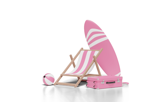 3d summer travel with suitcase, beach chair, ball, surfboard png