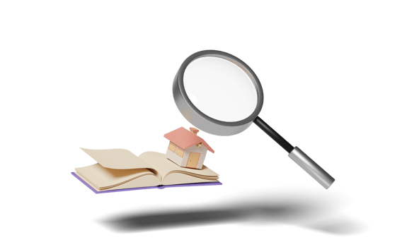 3d house with magnifying glass, handbook isolated png