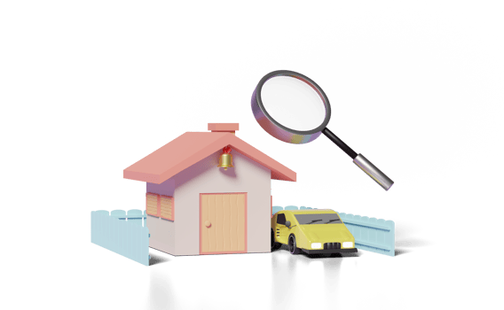 3d House with magnifying glass, fence, car isolated png