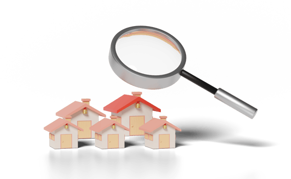 3d village with magnifying glass isolated png