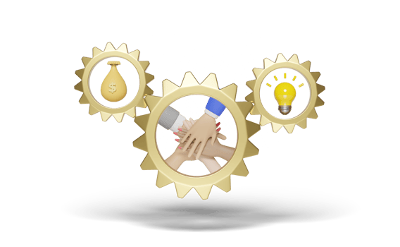3d gear with people their hands together, yellow light bulb png