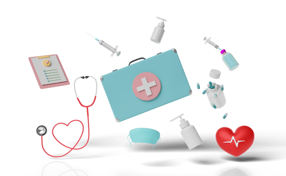 3d first aid kit bag with check list, stethoscope, syringe png