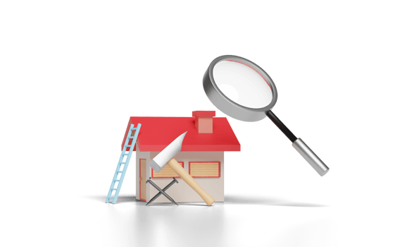 3d red house toy with hammer, nail, stairs, magnifying glass png