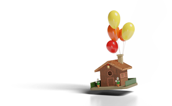 3D model wooden house with balloon, flower pot, fence png