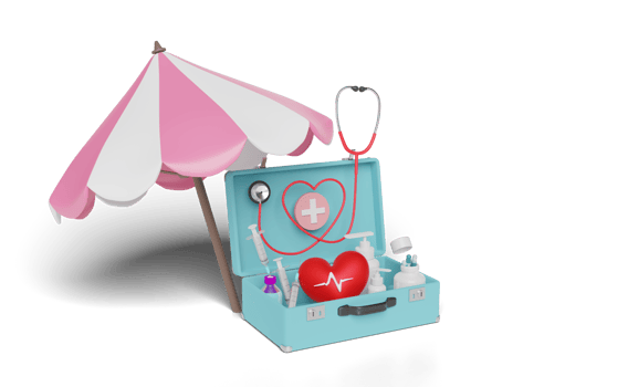 3d first aid kit bag with umbrella, stethoscope, syringe png
