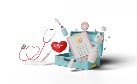 3d first aid kit bag with check list, stethoscope, syringe png