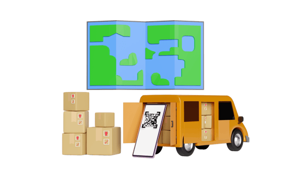 3d orange truck, delivery van with smartphone, map, qr code png