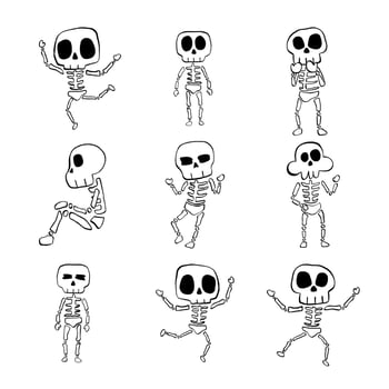 Vector illustration set of Halloween Skeleton cartoon line on white background.