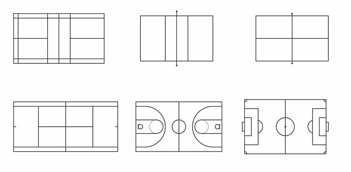 thin line Sport court set isolated on white background.soccer, tennis,table tennis, badminton,basket,ping pong,wiff waff, football court vector