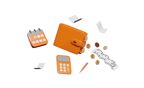 3d orange wallet float with calculator, calender, bill receipt paper, dollar money coins, pencil isolated. invoice, electronic bill, minimal concept, 3d render illustration png