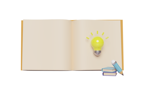 3d yellow light bulb with pencil, open book, textbook, isolated. idea tip education, knowledge creates ideas concept, minimal abstract, 3d render illustration png
