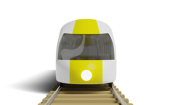 3d bullet train cartoon with railroad tracks, sky train transport toy, summer travel service, planning traveler tourism train isolated. front view, 3d render illustration png