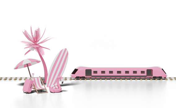 3d summer travel with beach chair, flamingo, ball, coconut palm tree,  surfboard, umbrella, sky train transport toy, railroad tracks isolated. concept 3d render illustration png
