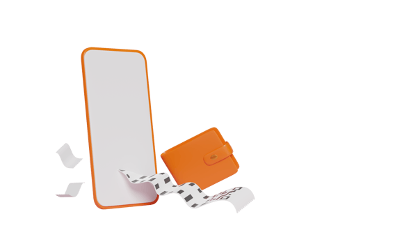 3d wallet and orange mobile phone, smartphone with invoice, paper receipt, electronic bill payment isolated. saving money, monthly bill, screen phone template concept, 3d render png
