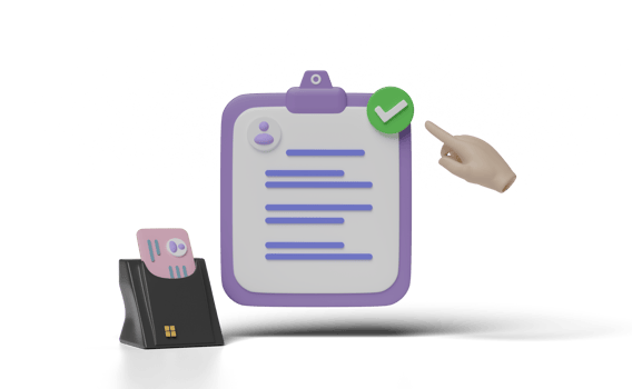 3d clipboard, checklist paper icon with USB smart card reader, Id card, hand pointing checkmark isolated. Business person card, job application, recruitment staff concept, 3d render png